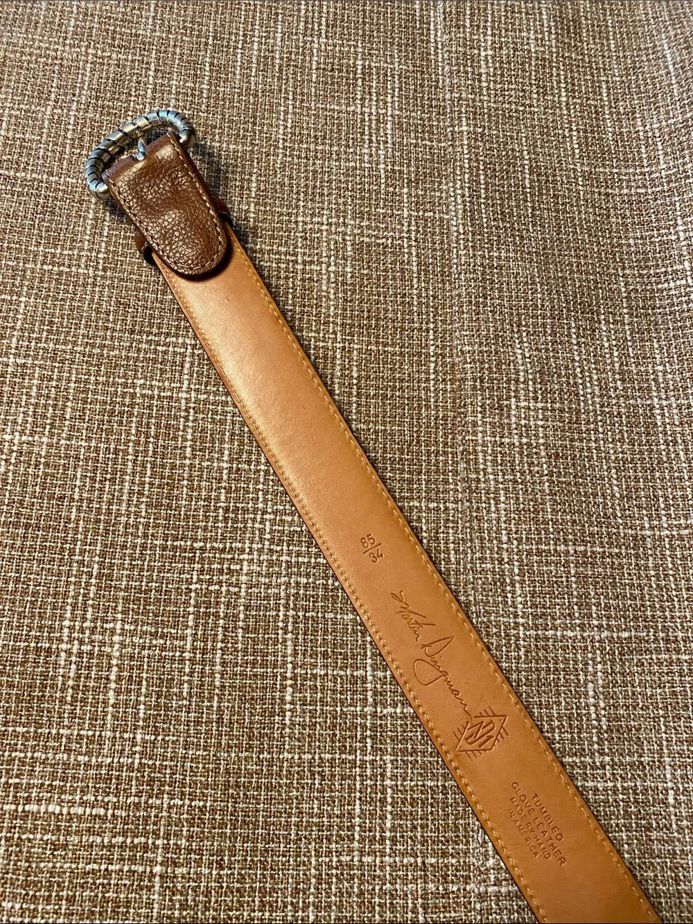 Martin Dingman Chestnut Brown Leather Belt with Textured Silver Buckle Men’s 34